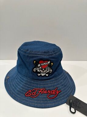 NWT Ed Hardy Love Kills Slowly Denim Bucket Hat with side snaps.